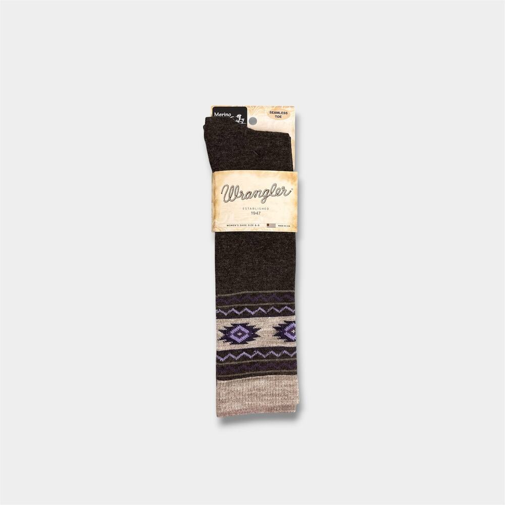 Wrangler Lightweight Merino Wool Blend Aztec Knee High Boot Socks Cocoa NWT